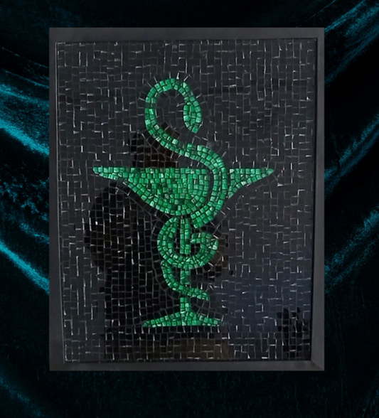 Mosaïque en verre - Caducée de pharmacie noir et vert 50x40